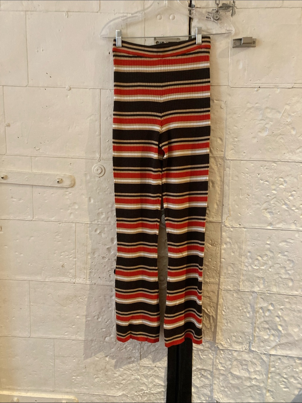 Striped Ribbed Boot-Cut Pants - Brown & Red